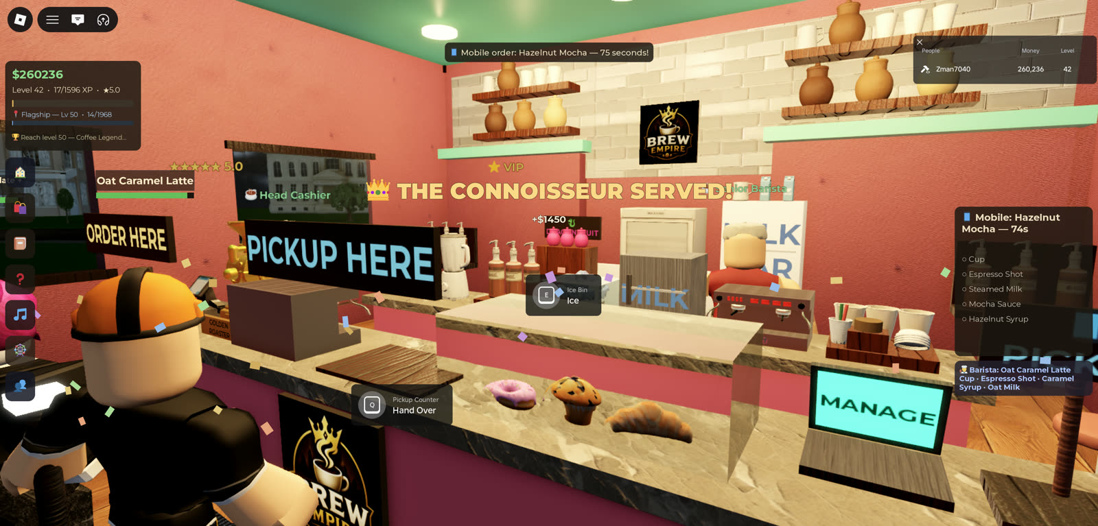 Full-screen THE CONNOISSEUR SERVED! +$1450 celebration with confetti over a five-star café